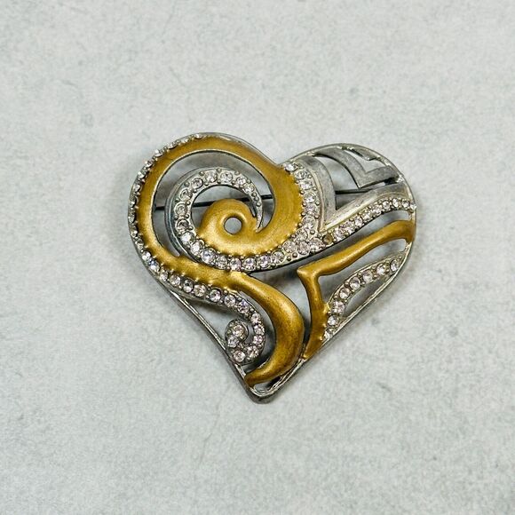 Chico's Jewelry - Chicos Brooch Heart Pave Rhinestone Open Work Scroll 2" Mixed Tone Pin Jewelry